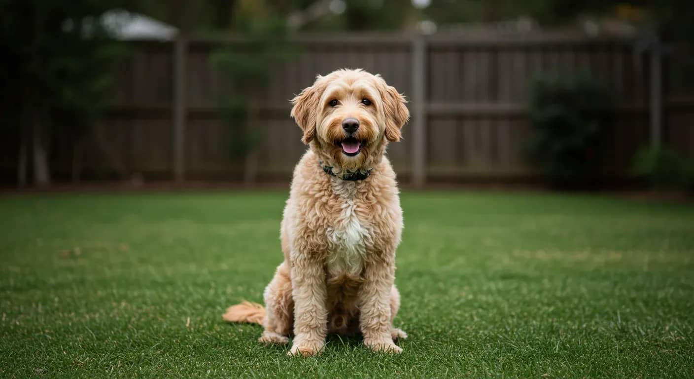 A friendly Labradoodle with wavy cream coat sitting on grass, demonstrating the breed's characteristic gentle and intelligent temperament discussed in the article