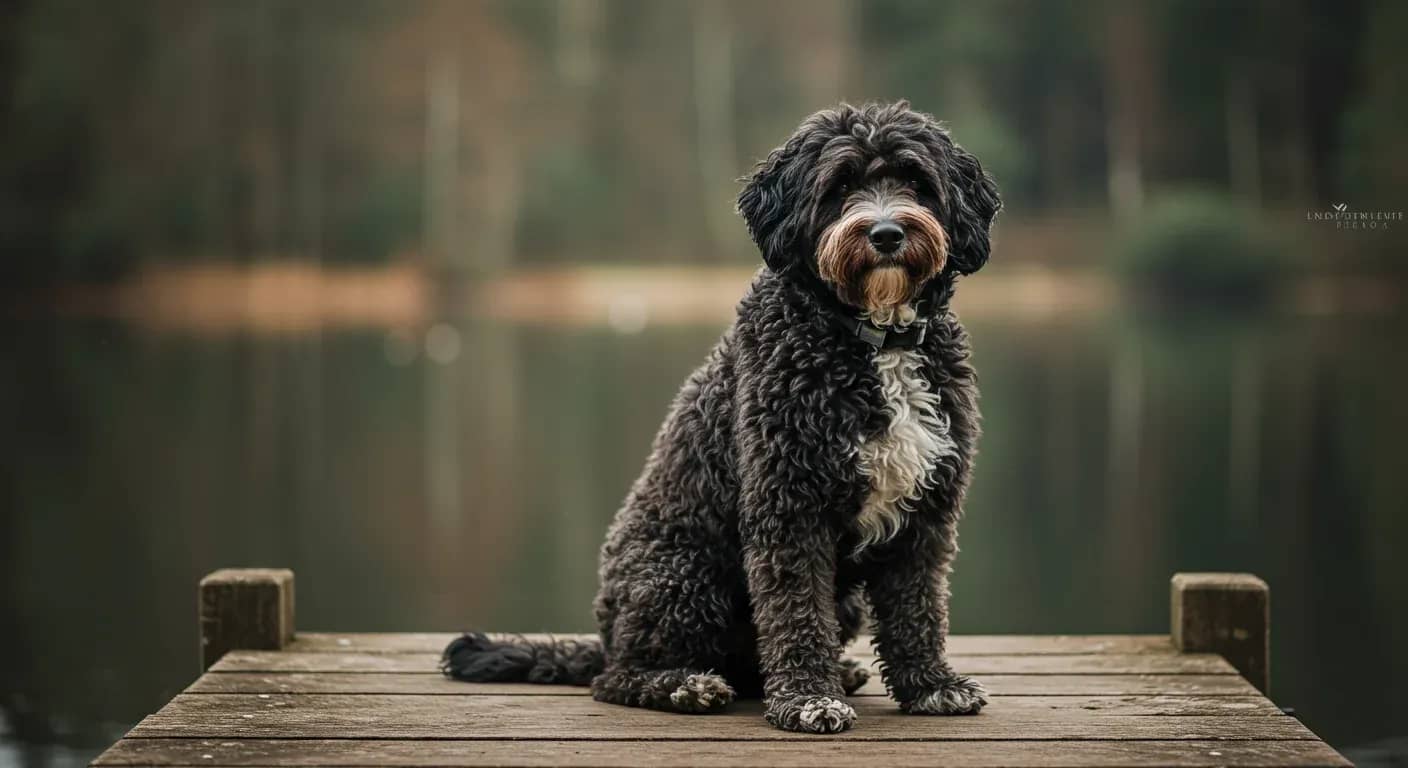 A healthy Portuguese Water Dog sitting on a wooden dock, representing the breed's longevity and connection to water work, with the dog centered in the composition