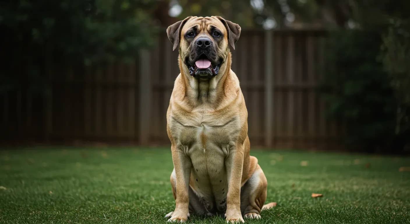 A beautiful adult Mastiff dog sitting peacefully in a backyard, showcasing the breed's gentle giant nature and impressive size, representing the focus on their health and longevity