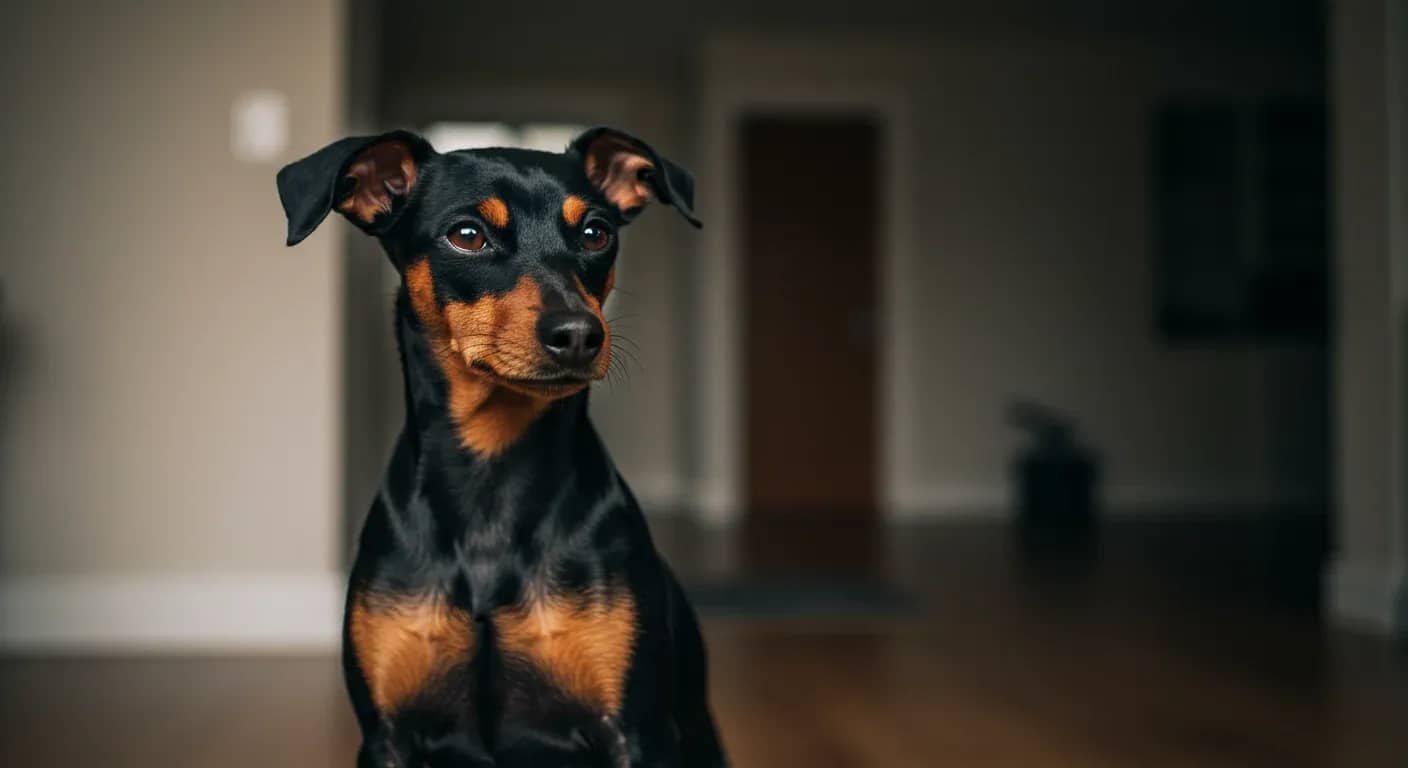 Alert Manchester Terrier with black and tan coat sitting in modern home interior, demonstrating the breed's intelligent and watchful temperament discussed in the article