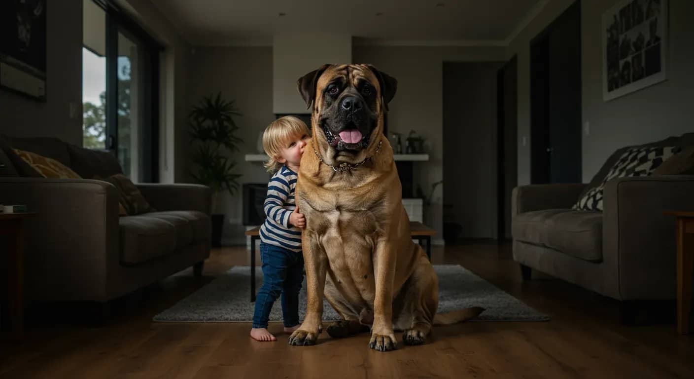 Large English Mastiff sitting peacefully with a small child leaning against its side in a family living room, demonstrating the breed's gentle nature with children despite their imposing size