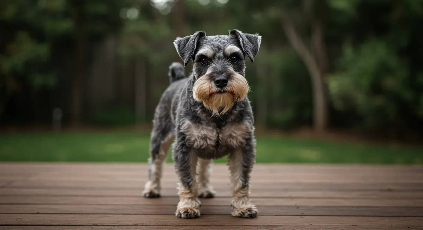 Alert Mini Schnauzer with distinctive facial hair standing confidently on a deck, showcasing the breed's characteristic bold and engaging personality discussed in the temperament guide