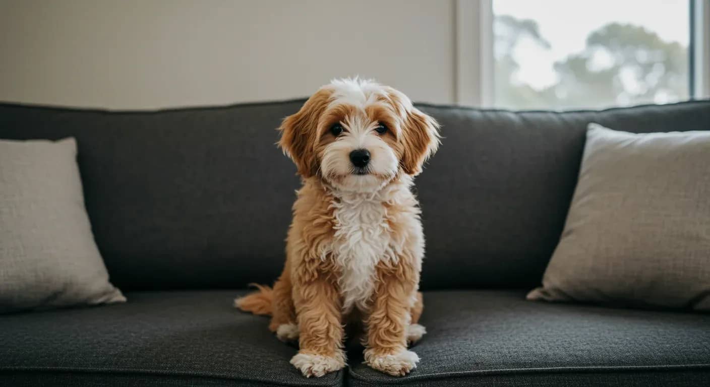 A small, fluffy Moodle dog with cream and white coat sitting on a family sofa, demonstrating the breed's gentle, intelligent temperament and compact size perfect for family living