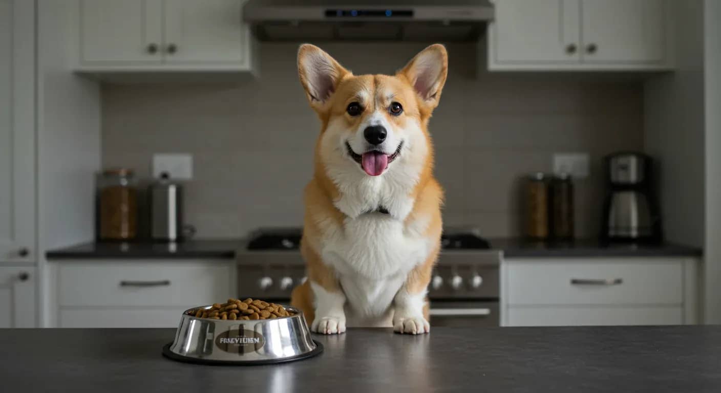 A Pembroke Welsh Corgi sitting at a kitchen counter next to a measured portion of dog food, illustrating proper portion control and feeding practices for the breed
