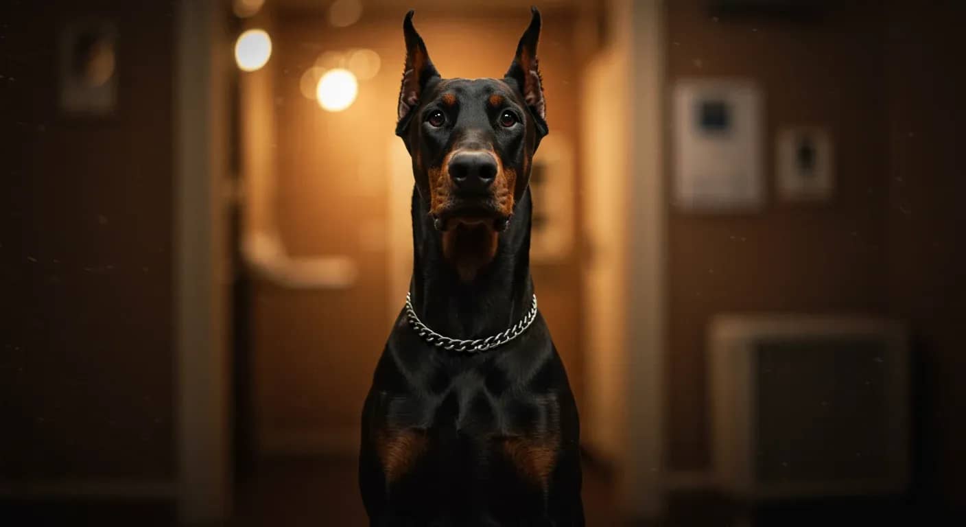 Professional portrait of a healthy black and tan Doberman Pinscher sitting alertly, representing the breed's predisposition to dilated cardiomyopathy and the importance of cardiac health monitoring