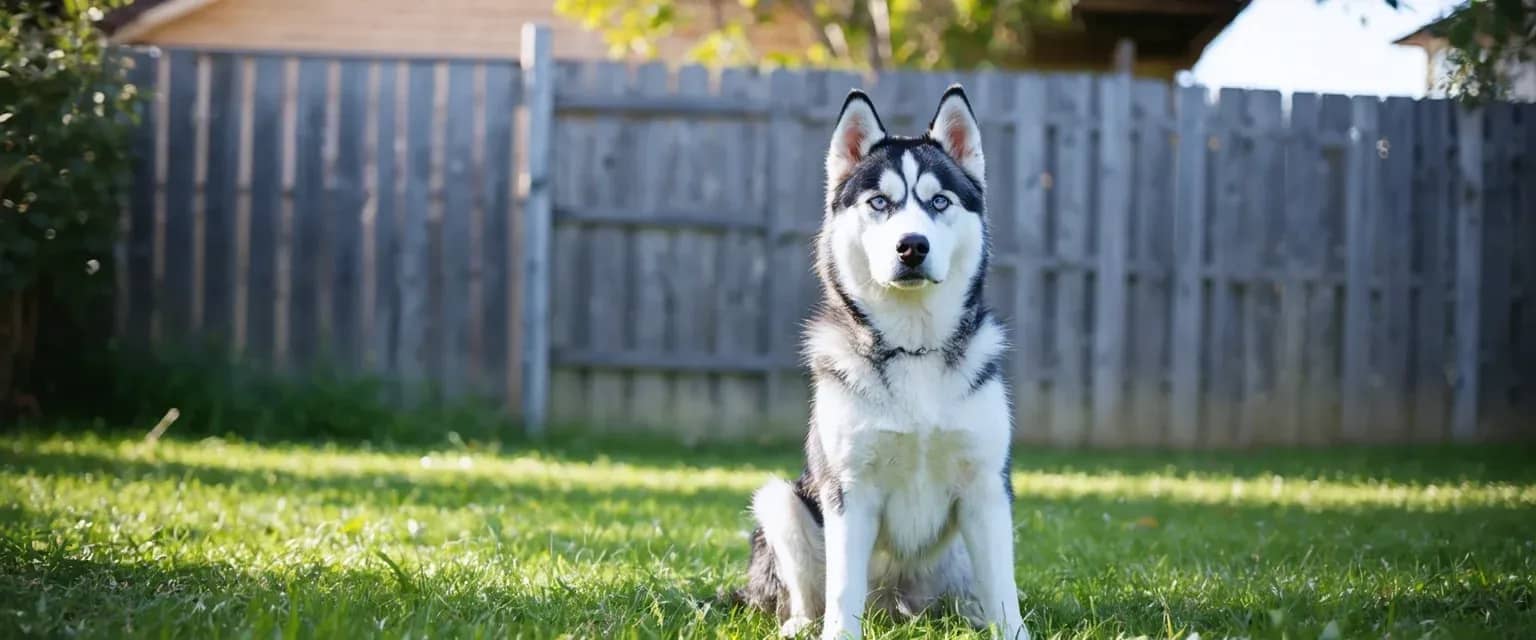 A beautiful Siberian Husky with piercing blue eyes sits centered in frame in a securely fenced Australian backyard, representing the breed's striking appearance and need for proper containment