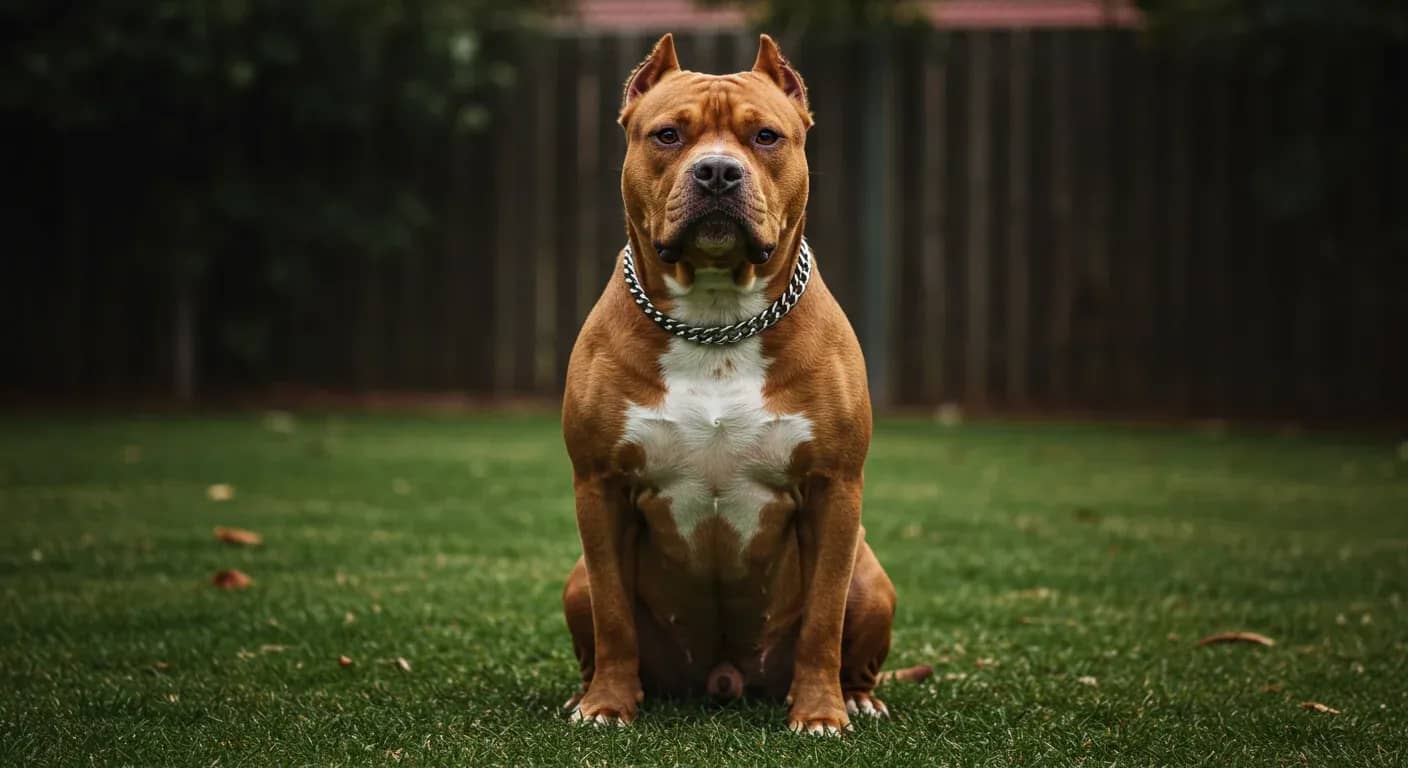 Alert American Bulldog sitting centered in an Australian backyard, showcasing the breed's protective yet gentle temperament with intelligent, watchful expression
