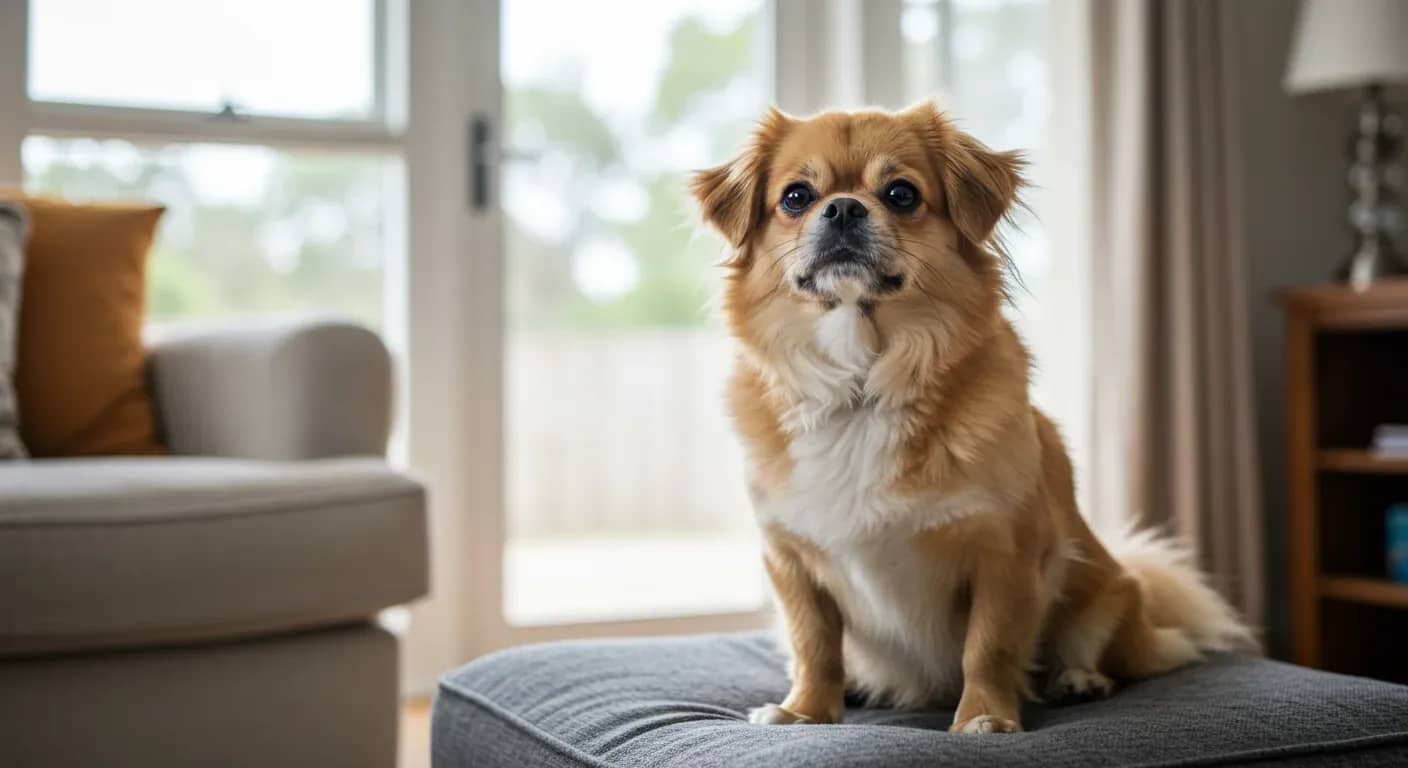 Alert Tibetan Spaniel sitting centered on a cushion in a bright living room, demonstrating the breed's characteristic watchful and intelligent temperament discussed in the article