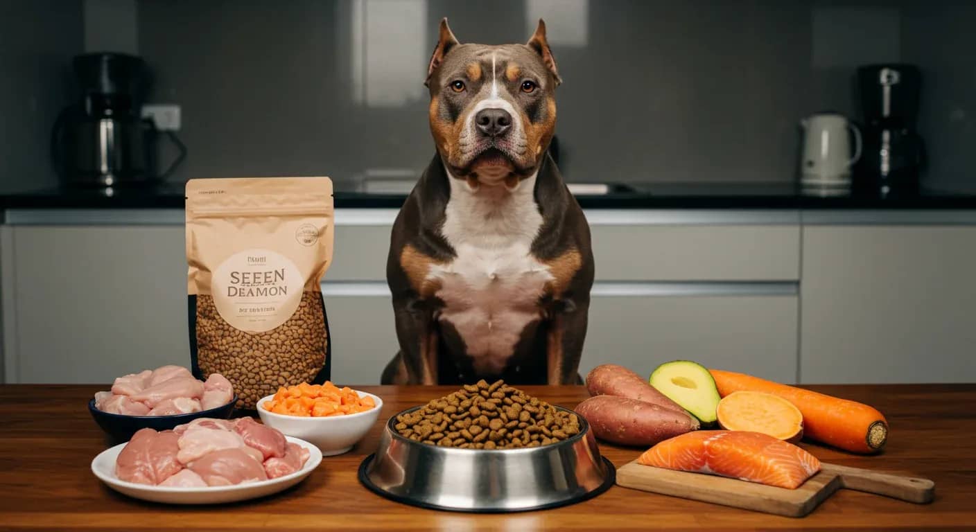 Muscular American Bully dog centered in frame surrounded by nutritious food ingredients and kibble, illustrating the breed's unique dietary needs