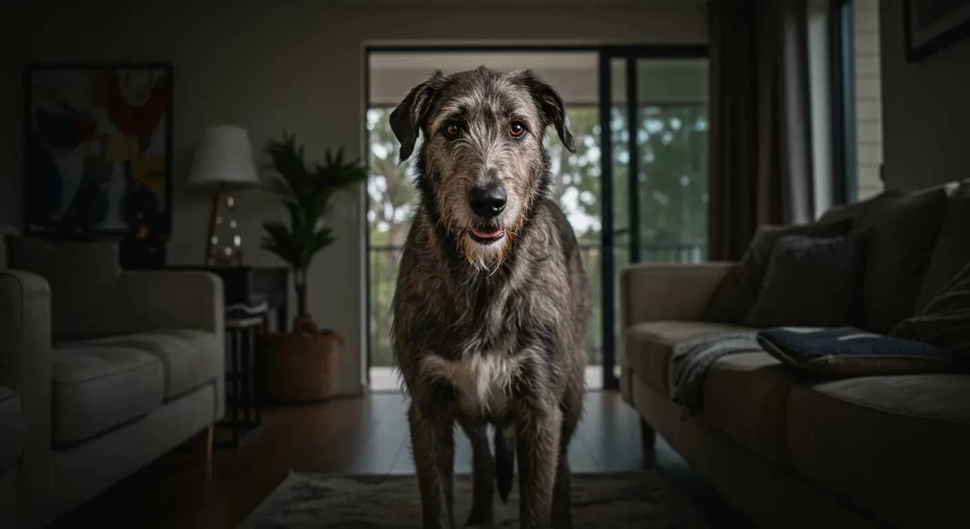A large Irish Wolfhound standing calmly in a home interior, demonstrating the gentle giant temperament discussed in the article with their careful positioning and serene expression
