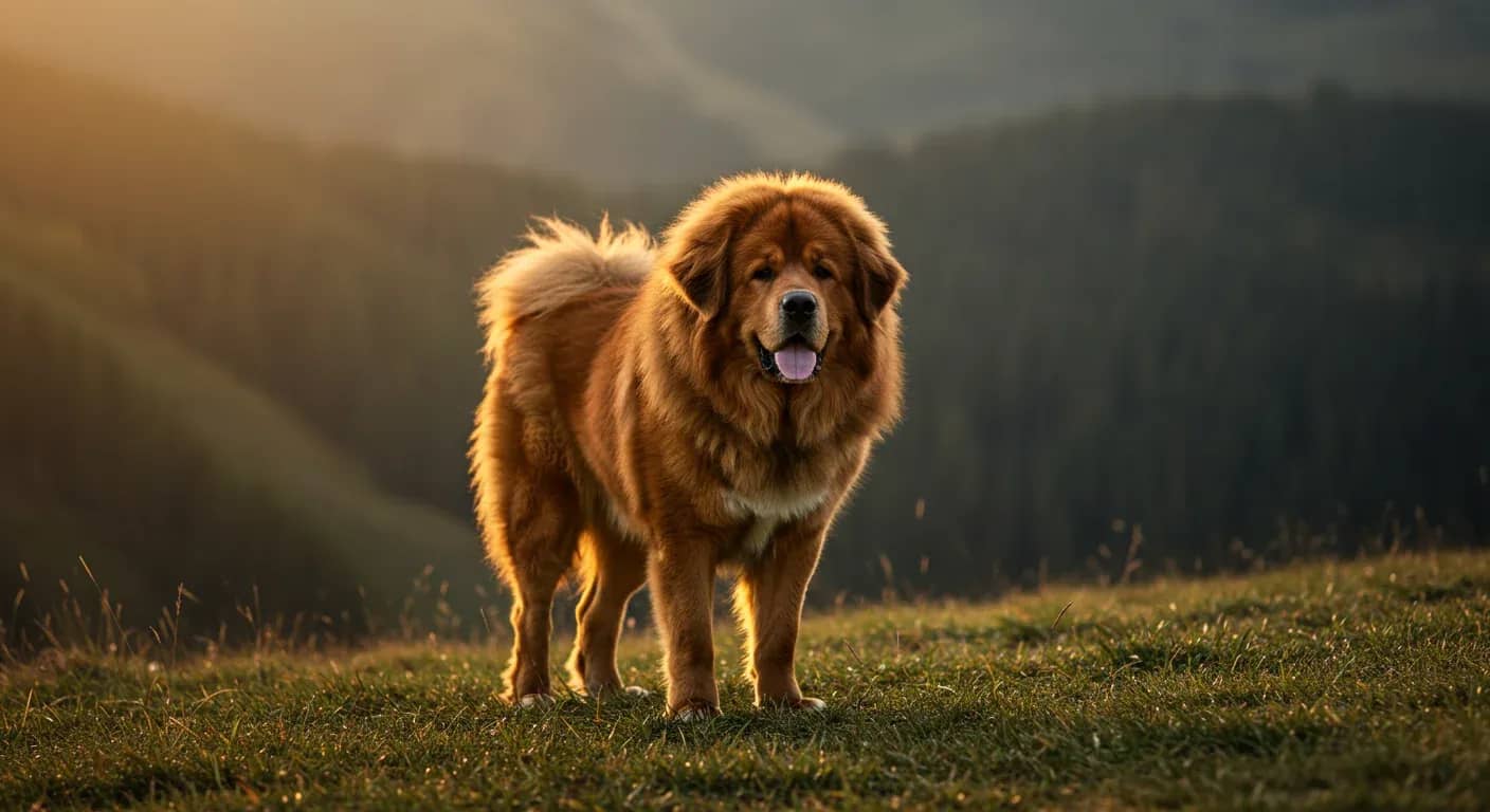 A dignified Tibetan Mastiff standing alert on a hillside, showcasing their impressive size, thick coat, and naturally watchful expression that reflects their guardian temperament