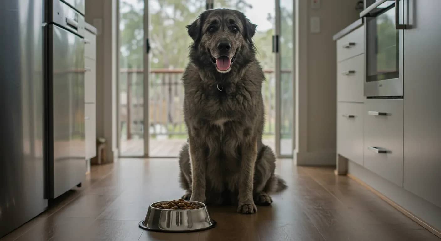 A Bouvier des Flandres dog sitting next to a food bowl in a kitchen, representing the article's focus on proper dietary needs for this breed