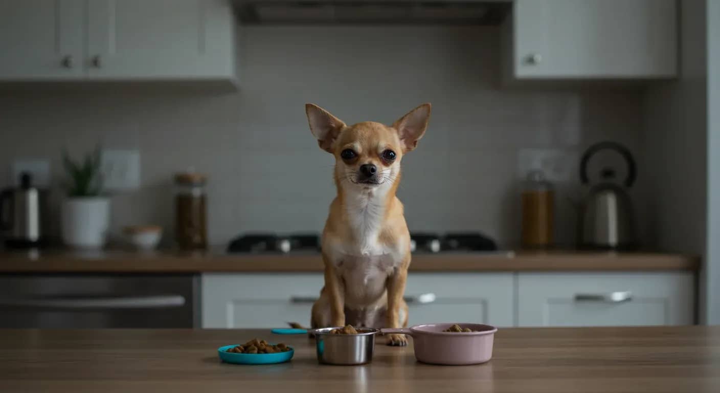 A small Chihuahua sitting at a kitchen counter next to measuring tools and a small food bowl, illustrating the importance of precise portion control for small breed dogs
