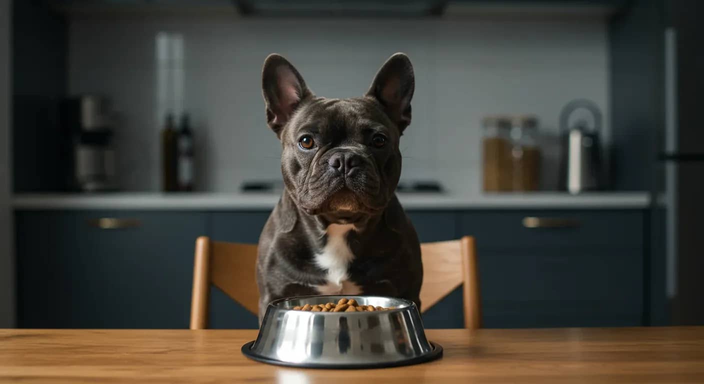 French Bulldog sitting at kitchen table with food bowl, illustrating proper feeding setup for the breed's unique dietary needs
