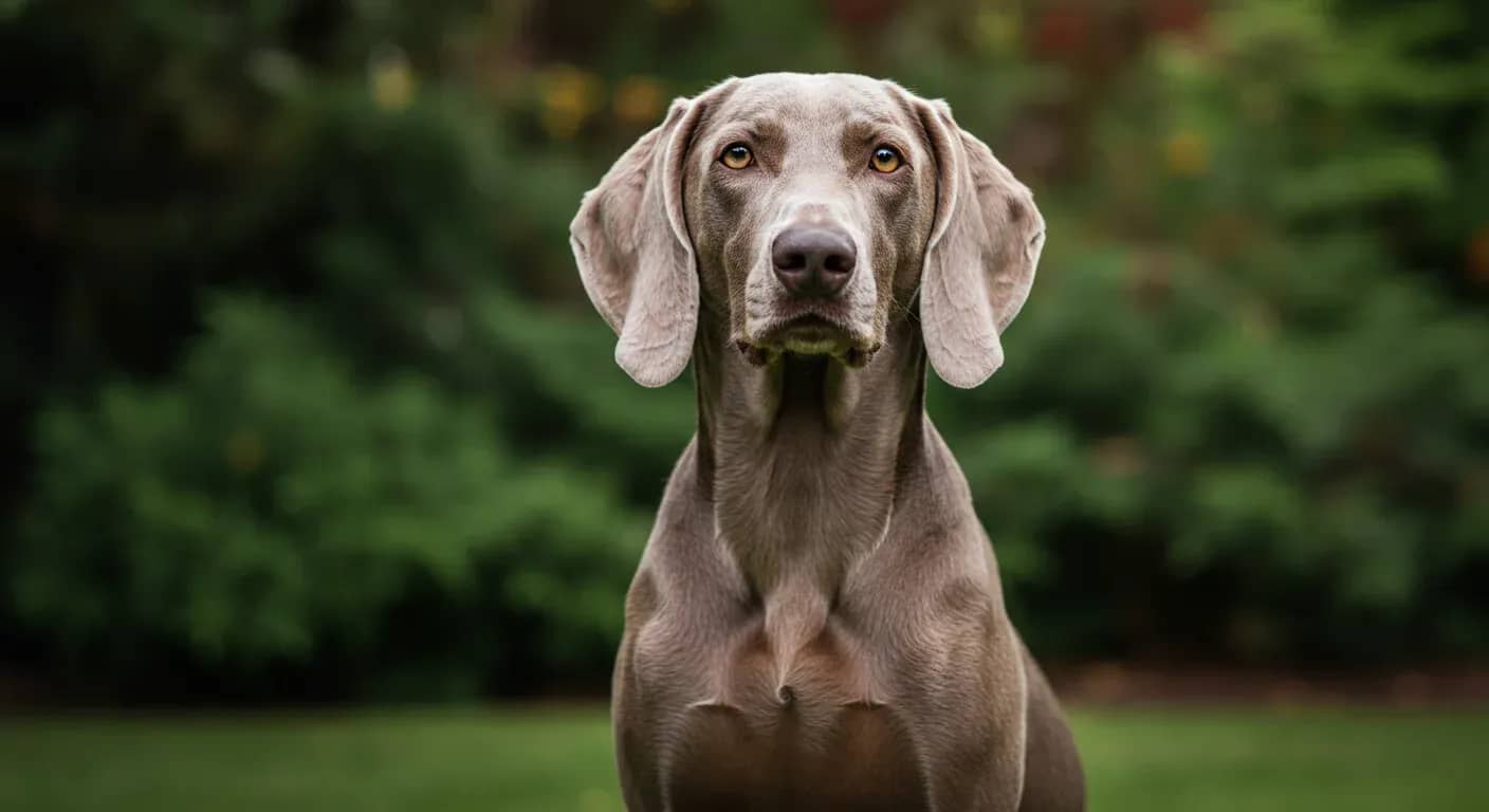 A dignified senior Weimaraner with characteristic silver-gray coat and amber eyes sits peacefully in a garden, representing the breed's graceful aging process and longevity