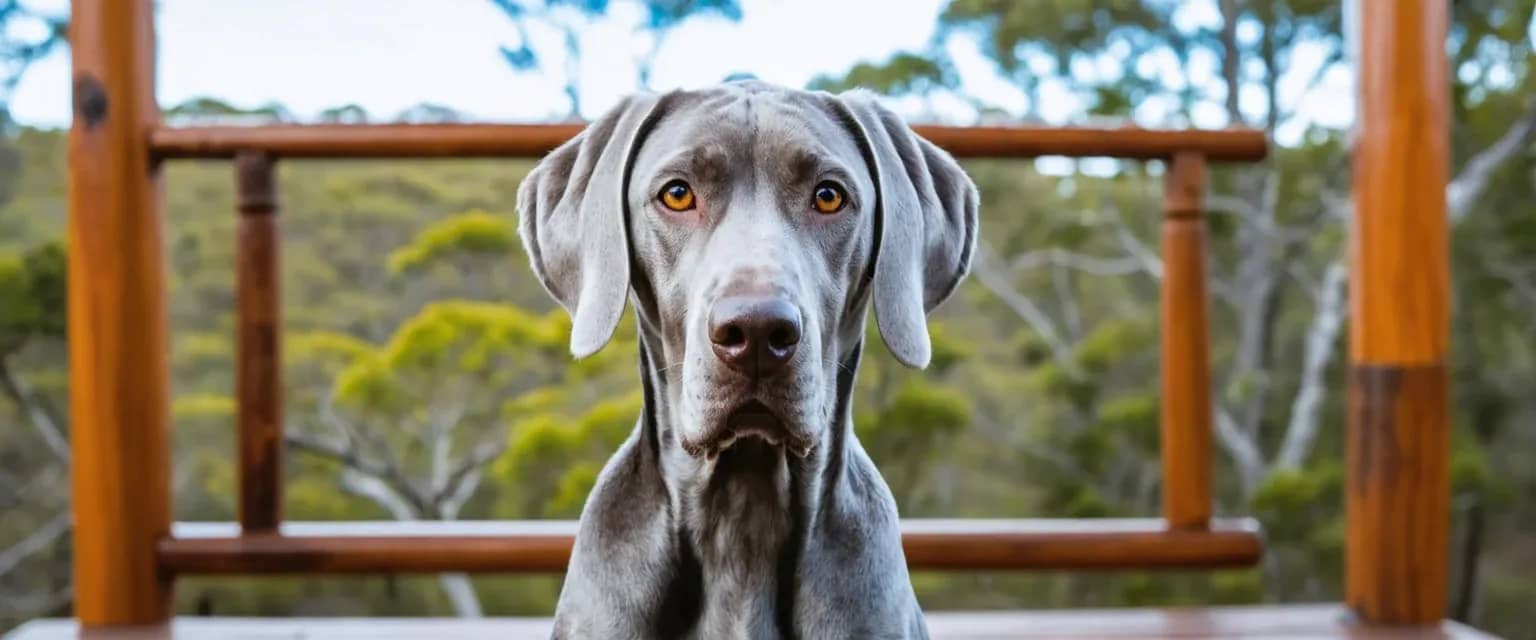 A silver-grey Weimaraner dog sitting alertly on a wooden deck with amber eyes and intelligent expression, representing the breed's distinctive temperament and appearance discussed in the article