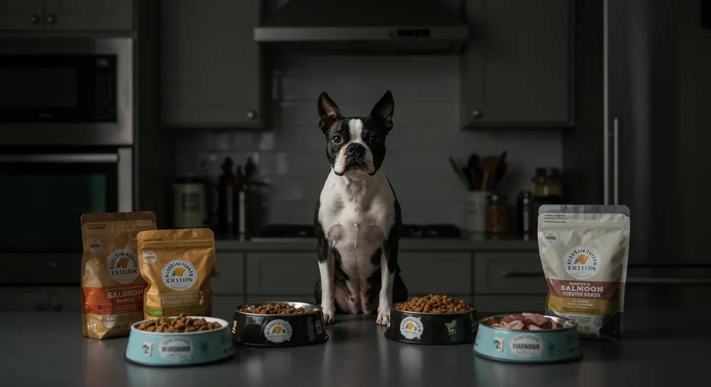 Boston Terrier sitting at kitchen counter with multiple bowls of different dog foods, illustrating the importance of choosing the right nutrition for this breed's sensitive dietary needs
