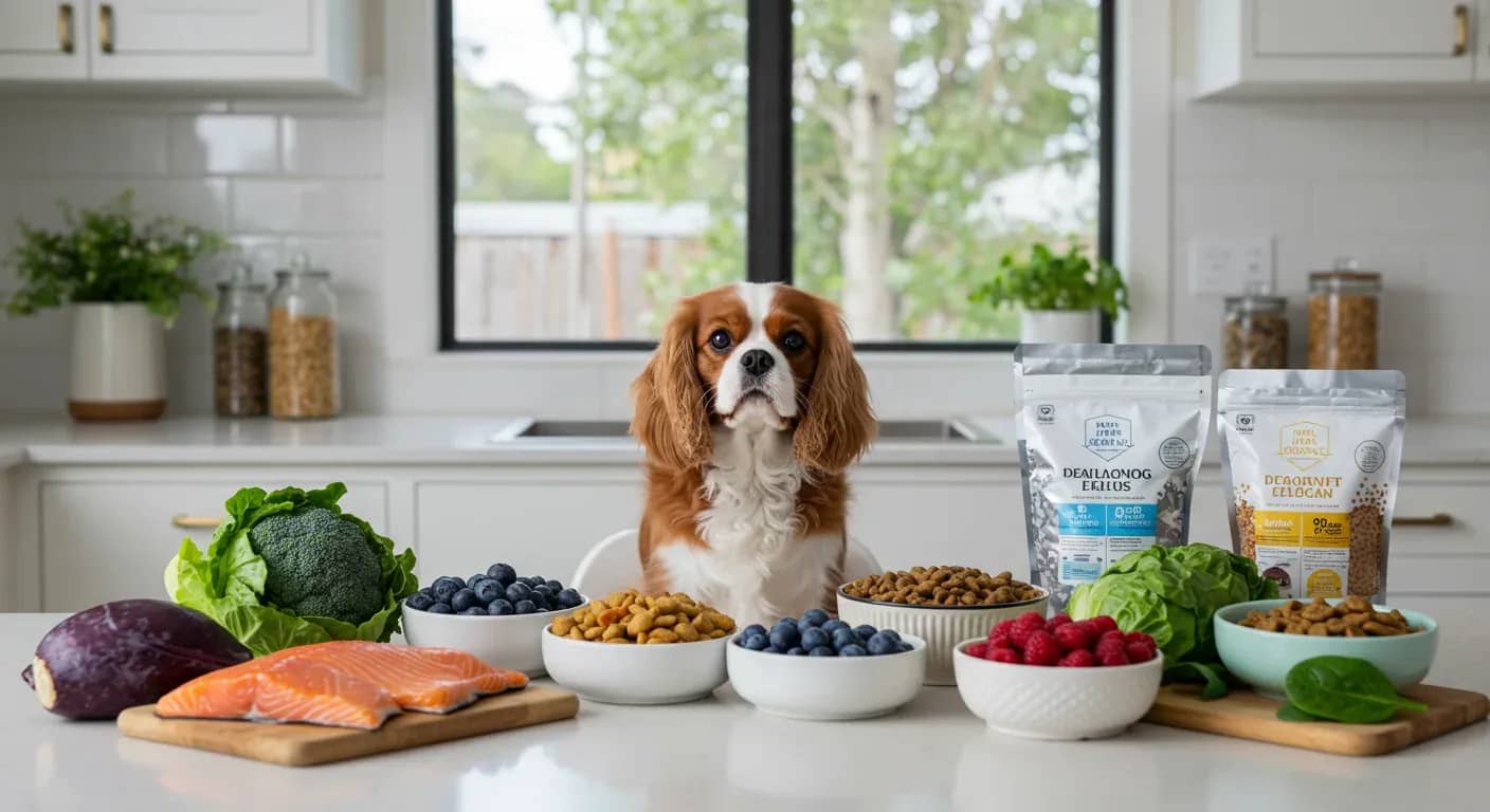 Cavalier King Charles Spaniel centered among heart-healthy foods including fish, vegetables, and quality dog food in a modern kitchen setting, illustrating proper nutrition for the breed