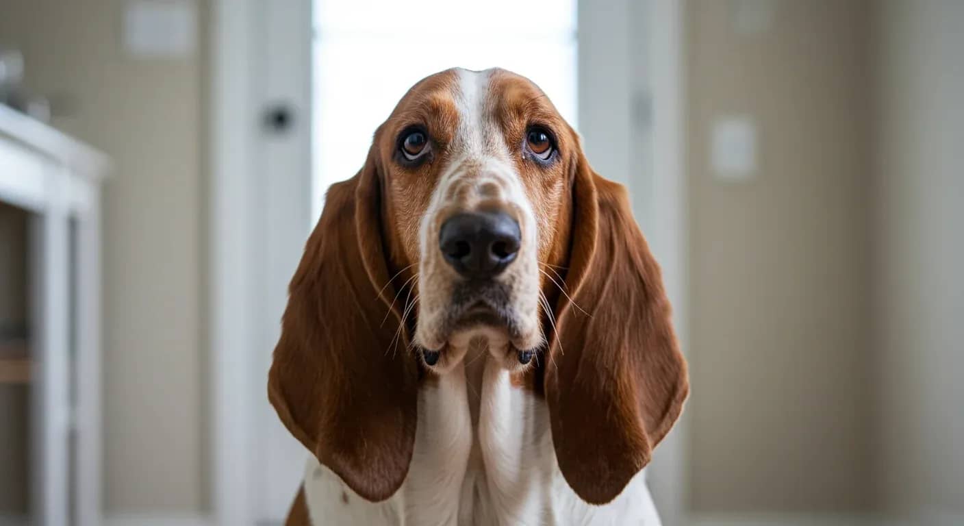 Close-up portrait of a Basset Hound showing the breed's characteristic long ears, wrinkled face, and gentle expression that illustrates the article's discussion about their unique physical traits and odor management