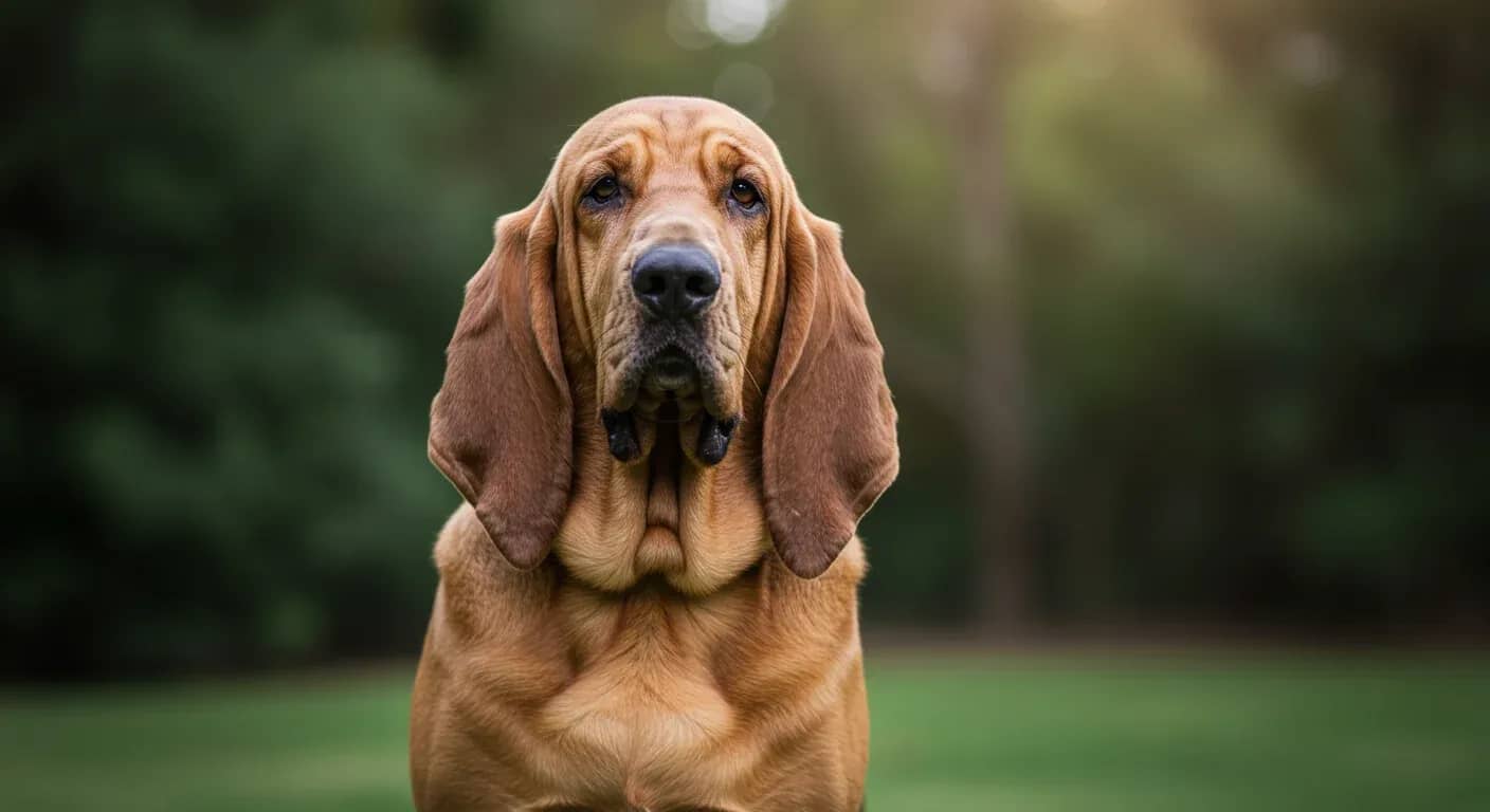 A beautiful Bloodhound sitting centered in an outdoor garden setting, showcasing the breed's distinctive wrinkled face and long ears that contribute to their natural odor characteristics discussed in the article