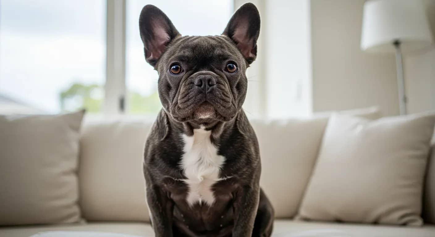 A French Bulldog with typical flat-faced features sitting centered on a sofa in a modern living room, illustrating the breed discussed in the article about their digestive health issues