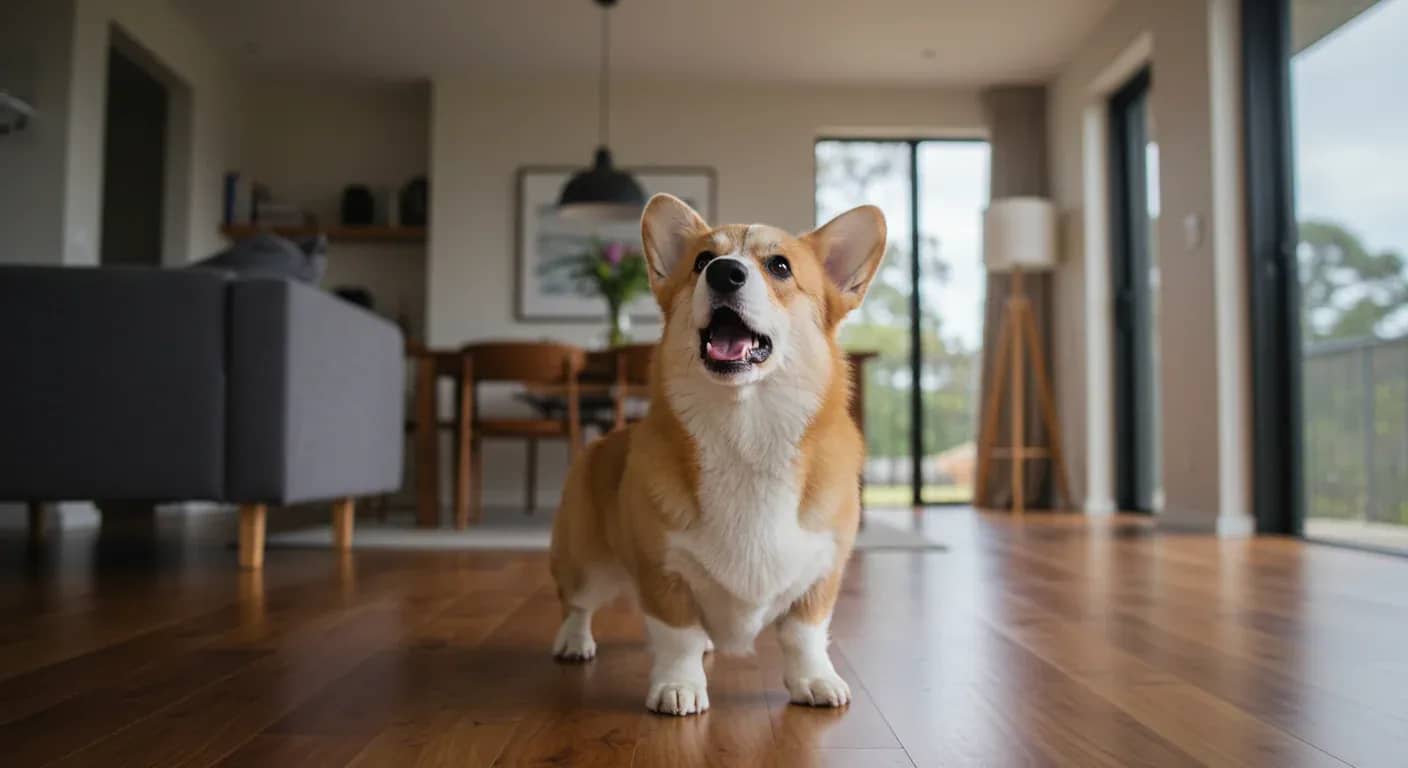 A Pembroke Welsh Corgi barking in a home setting, illustrating the breed's vocal communication tendencies discussed in the article