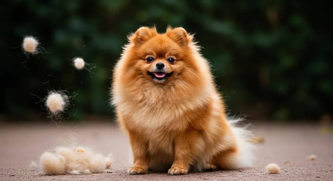 A fluffy orange Pomeranian sitting with visible loose fur around it, illustrating the natural shedding process that the article discusses