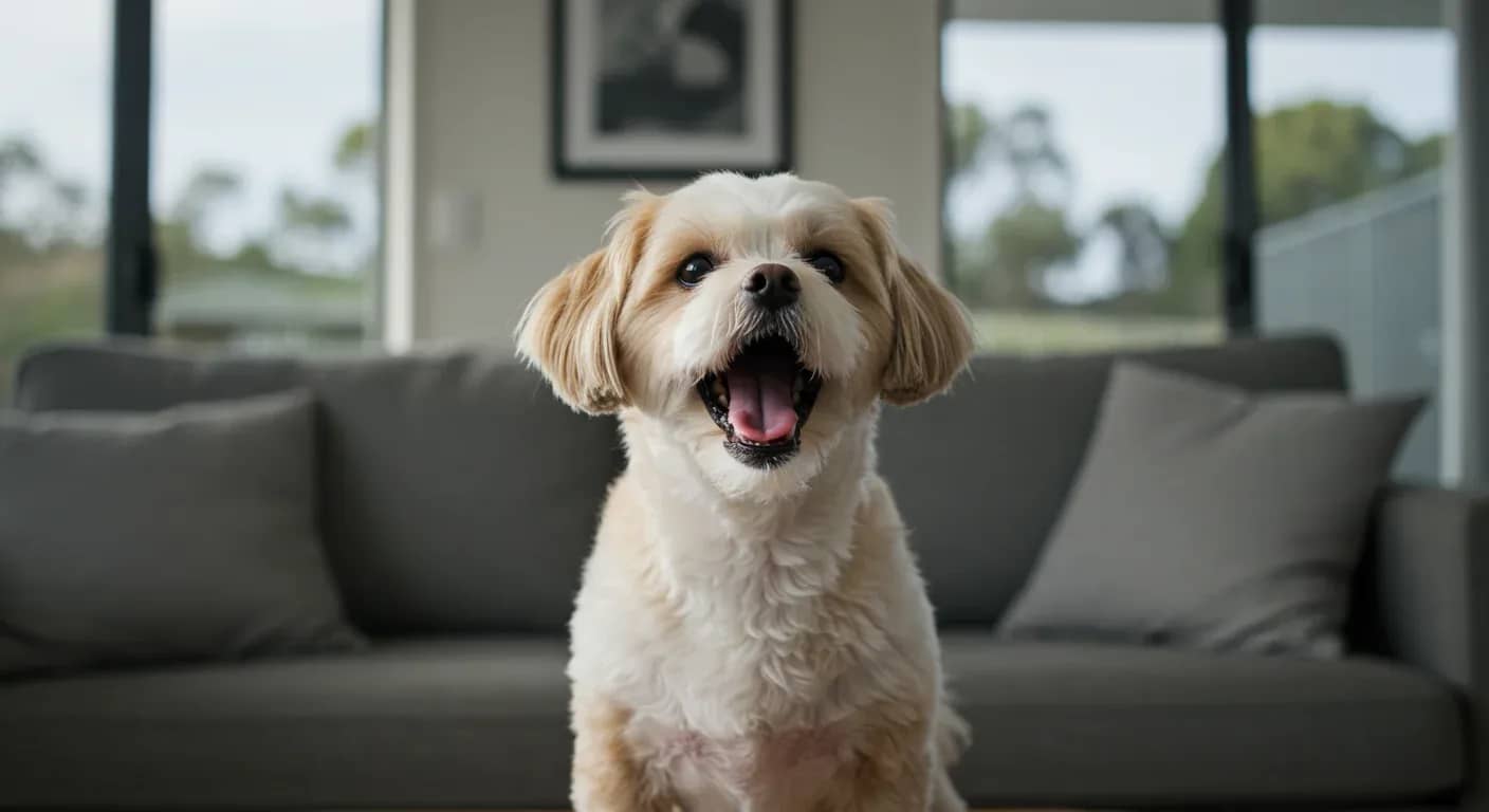 A Shih Tzu dog barking in a living room, demonstrating the vocal communication behavior discussed in the article about understanding why these dogs bark
