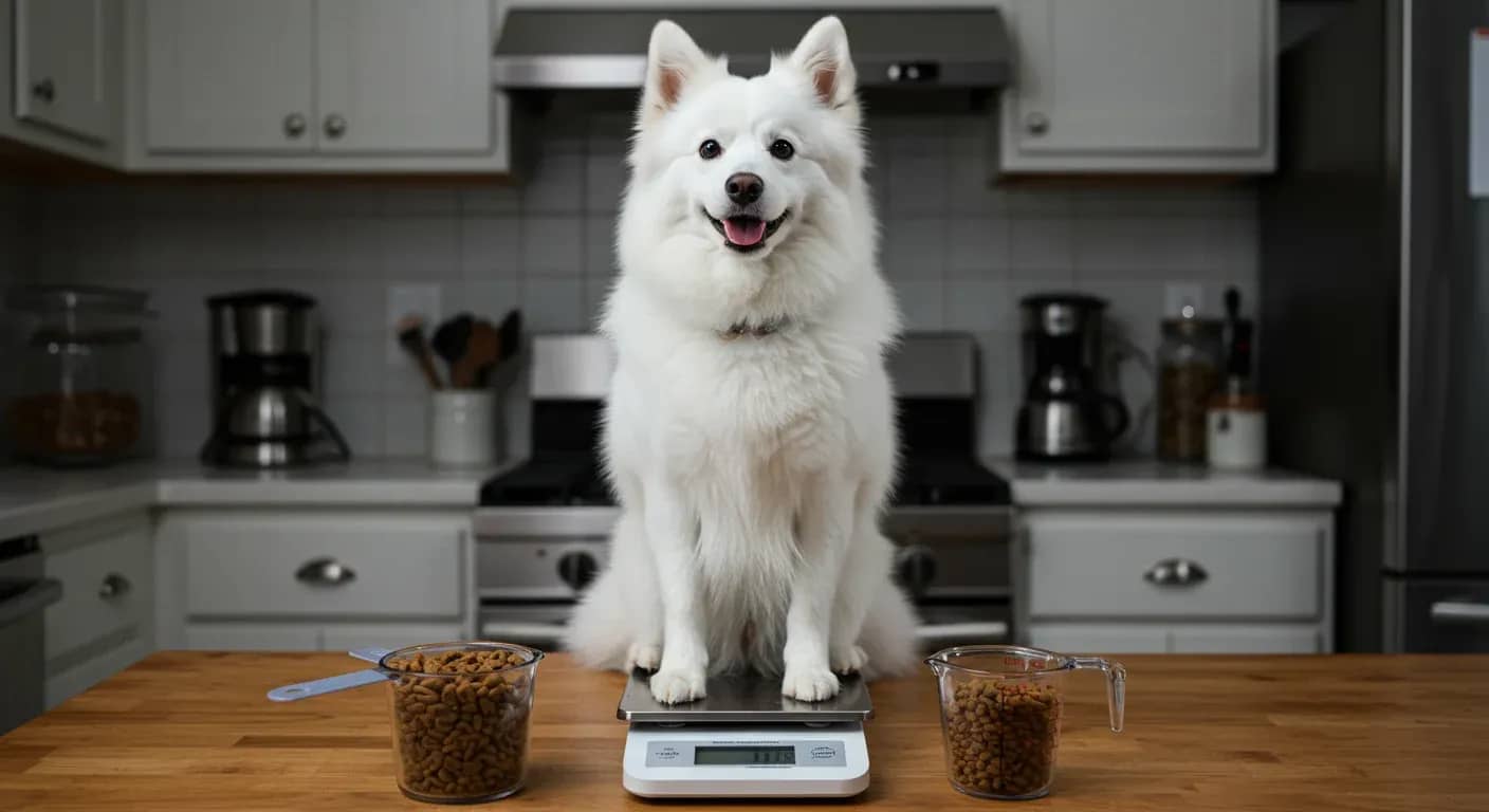 White fluffy American Eskimo dog positioned next to portion control tools like measuring cups and a scale, illustrating the article's focus on proper feeding and weight management for this breed