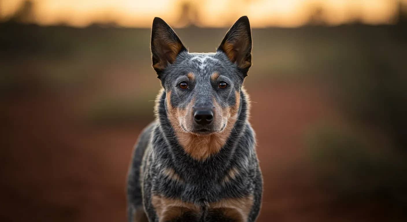 Alert Blue Heeler dog in protective stance showing the breed's natural guardian instincts and intelligent expression