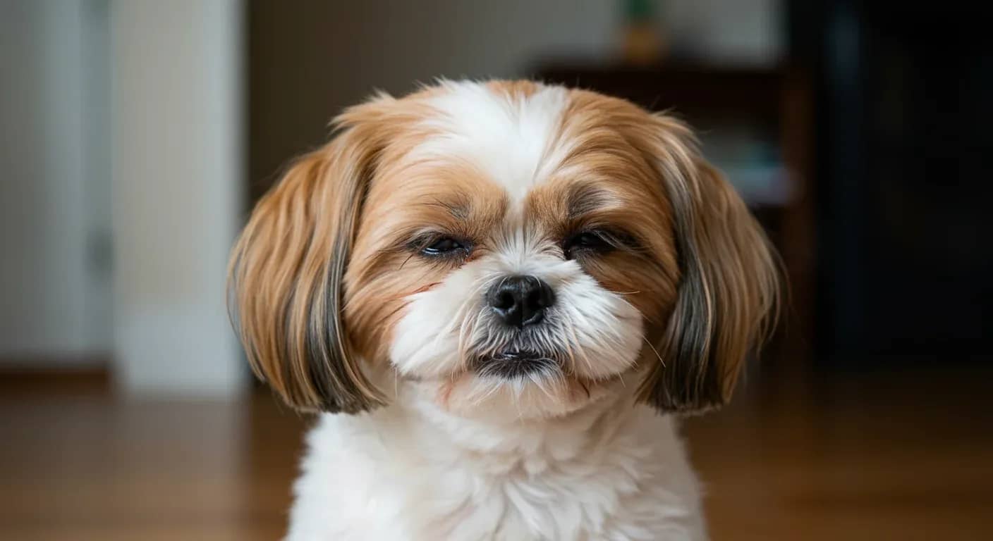 Close-up portrait of a Shih Tzu dog sneezing, showing the breed's characteristic flat face and compressed nasal structure that makes them prone to respiratory issues
