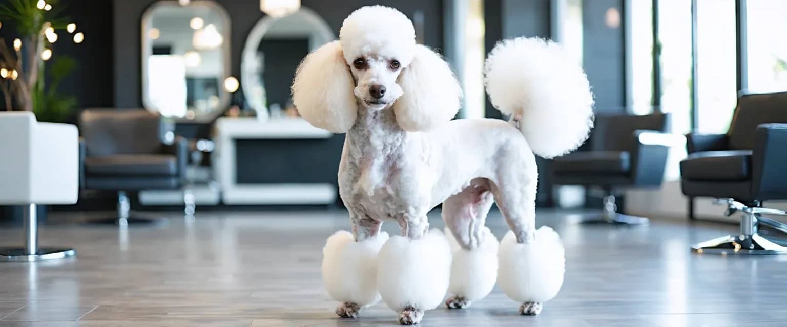 A professionally groomed Standard Poodle with the classic Continental Cut hairstyle, showcasing the distinctive pom-poms and shaved areas that define this elegant grooming style