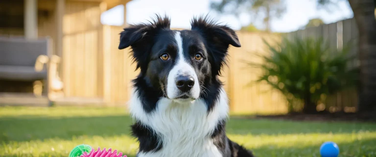 Alert Border Collie sitting centered in frame during training, demonstrating the focused intelligence and trainability discussed in the article about positive training methods