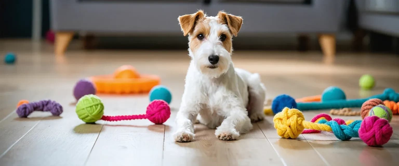 Wire Fox Terrier sitting centered among various dog toys including balls, ropes, and puzzle toys, illustrating the importance of choosing appropriate toys for this energetic breed