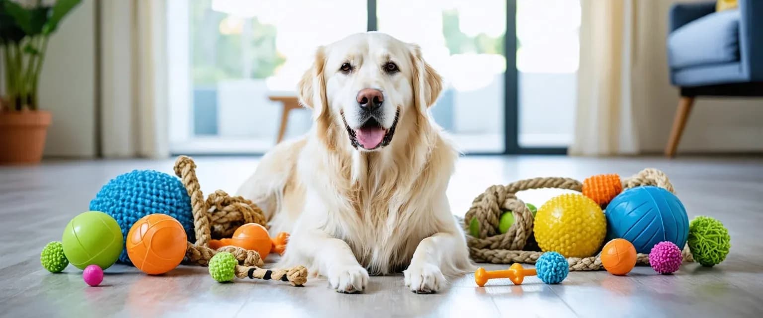 Adult Golden Retriever sitting surrounded by various chew toys including balls, ropes, and bones, demonstrating the variety of toys suitable for the breed