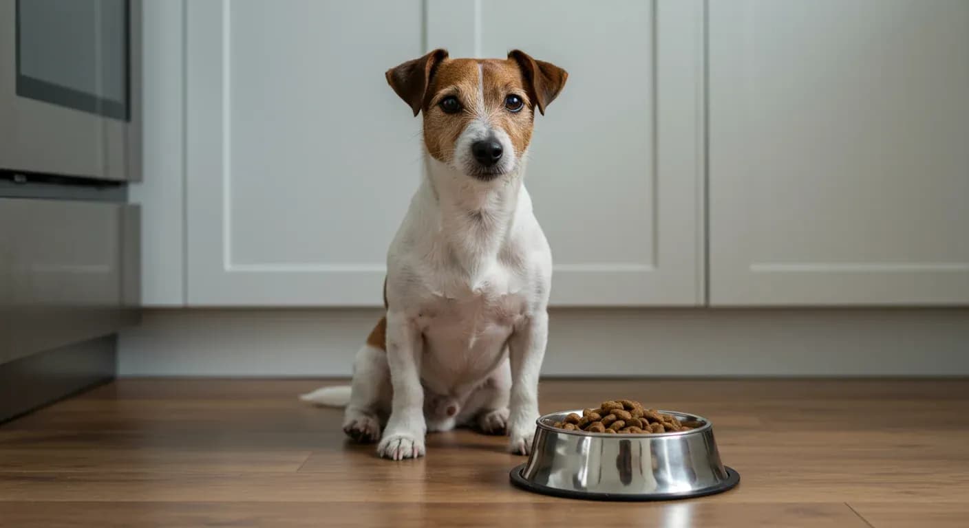 A Jack Russell Terrier sitting next to a food bowl filled with kibble, representing proper nutrition and feeding practices for this active breed