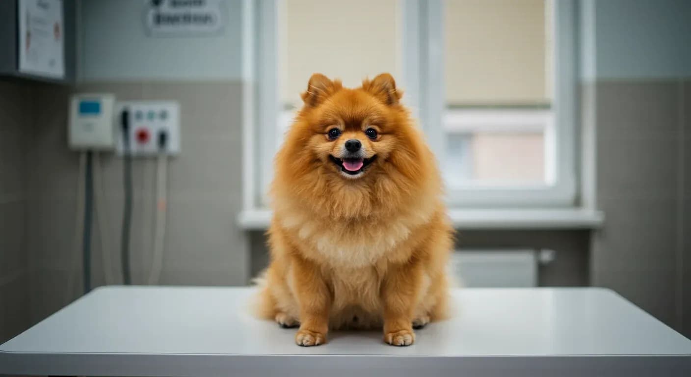 A healthy orange Pomeranian sitting on a veterinary examination table, representing the importance of proactive health care and regular checkups for addressing common Pomeranian health issues