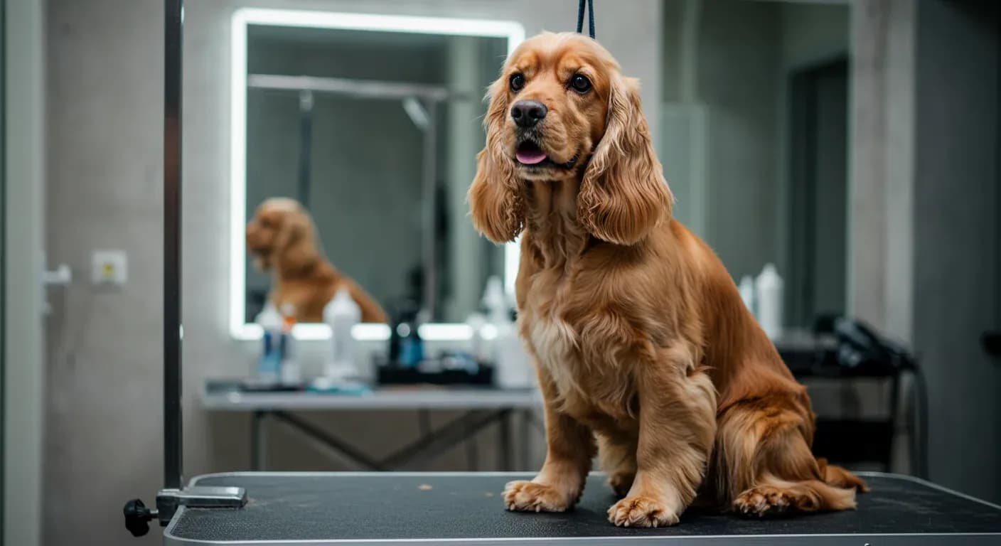 Professional portrait of an American Cocker Spaniel showcasing the breed's characteristic silky coat and feathering in a grooming salon, demonstrating the beautiful coat that requires dedicated grooming care