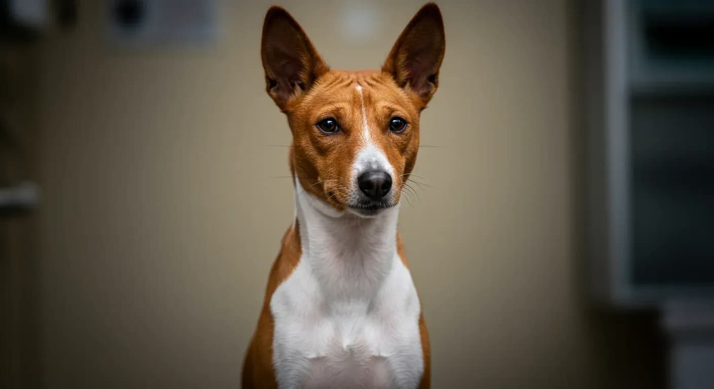 A healthy Basenji dog sitting calmly in a veterinary setting, representing the importance of regular health monitoring and preventive care for this breed