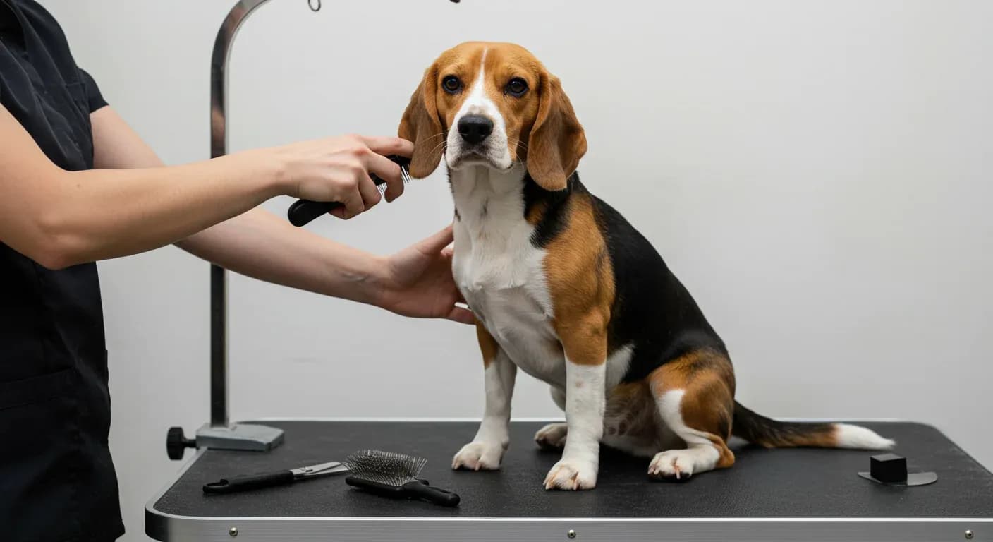 A Beagle being groomed on a table with brushes and grooming tools, demonstrating proper grooming care for the breed
