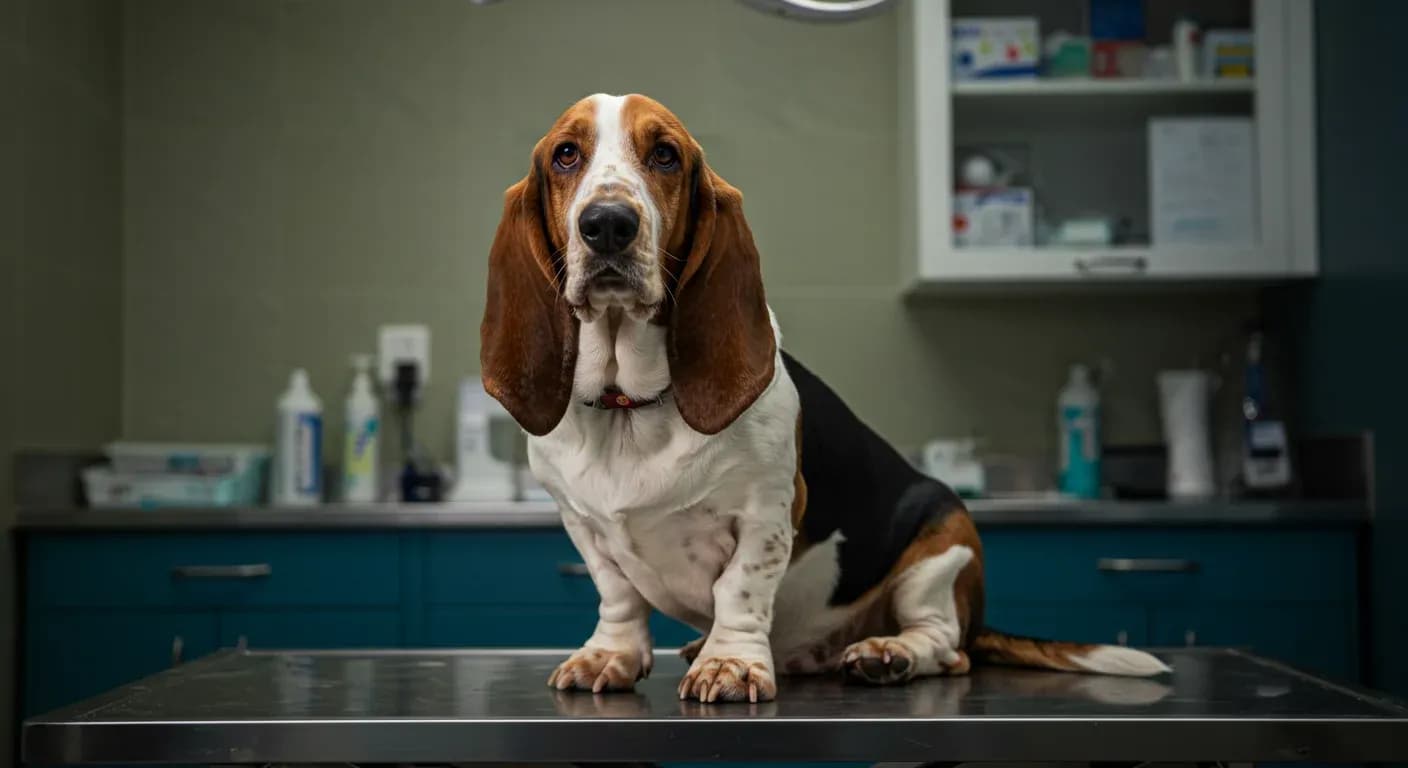 A Basset Hound sitting centered on a veterinary examination table, showcasing the breed's distinctive short legs and long body that contribute to their specific health considerations discussed in the article