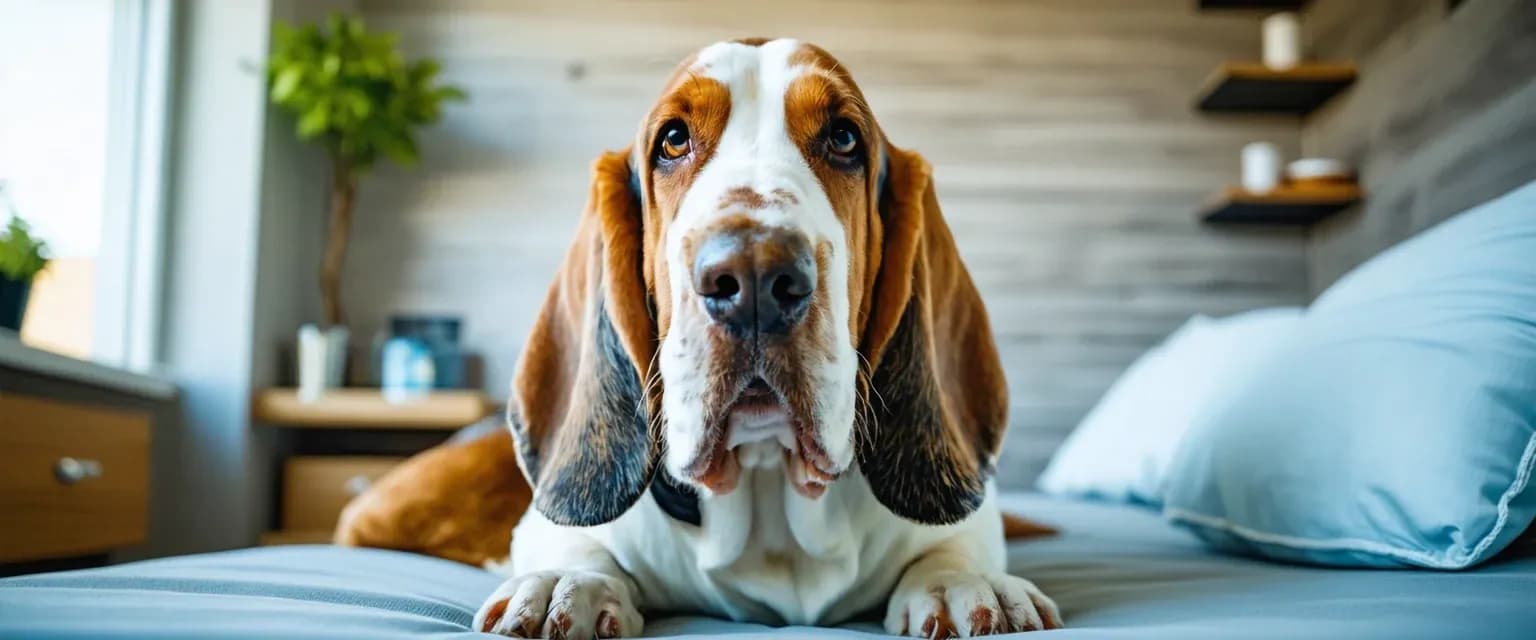 A healthy Basset Hound sitting calmly in a veterinary or home setting, showcasing the breed's distinctive features while representing the article's focus on health and longevity