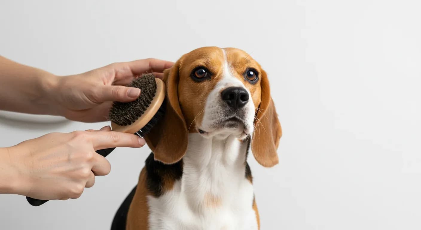 A well-groomed Beagle being brushed with a soft-bristle brush, demonstrating proper coat care techniques essential for maintaining the breed's healthy double coat