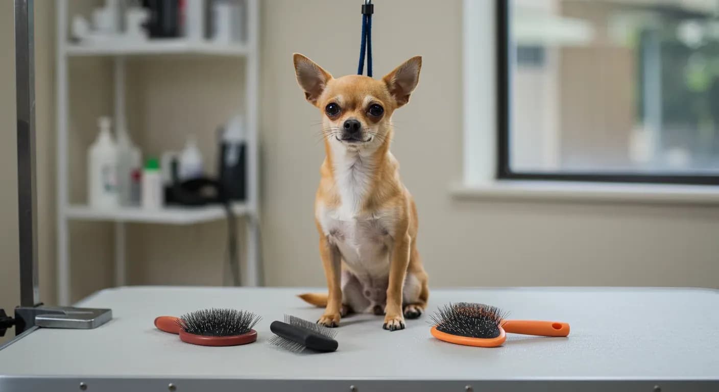 A well-groomed Chihuahua sits centered on a grooming table surrounded by various brushes, illustrating the article's focus on proper grooming tools for this breed