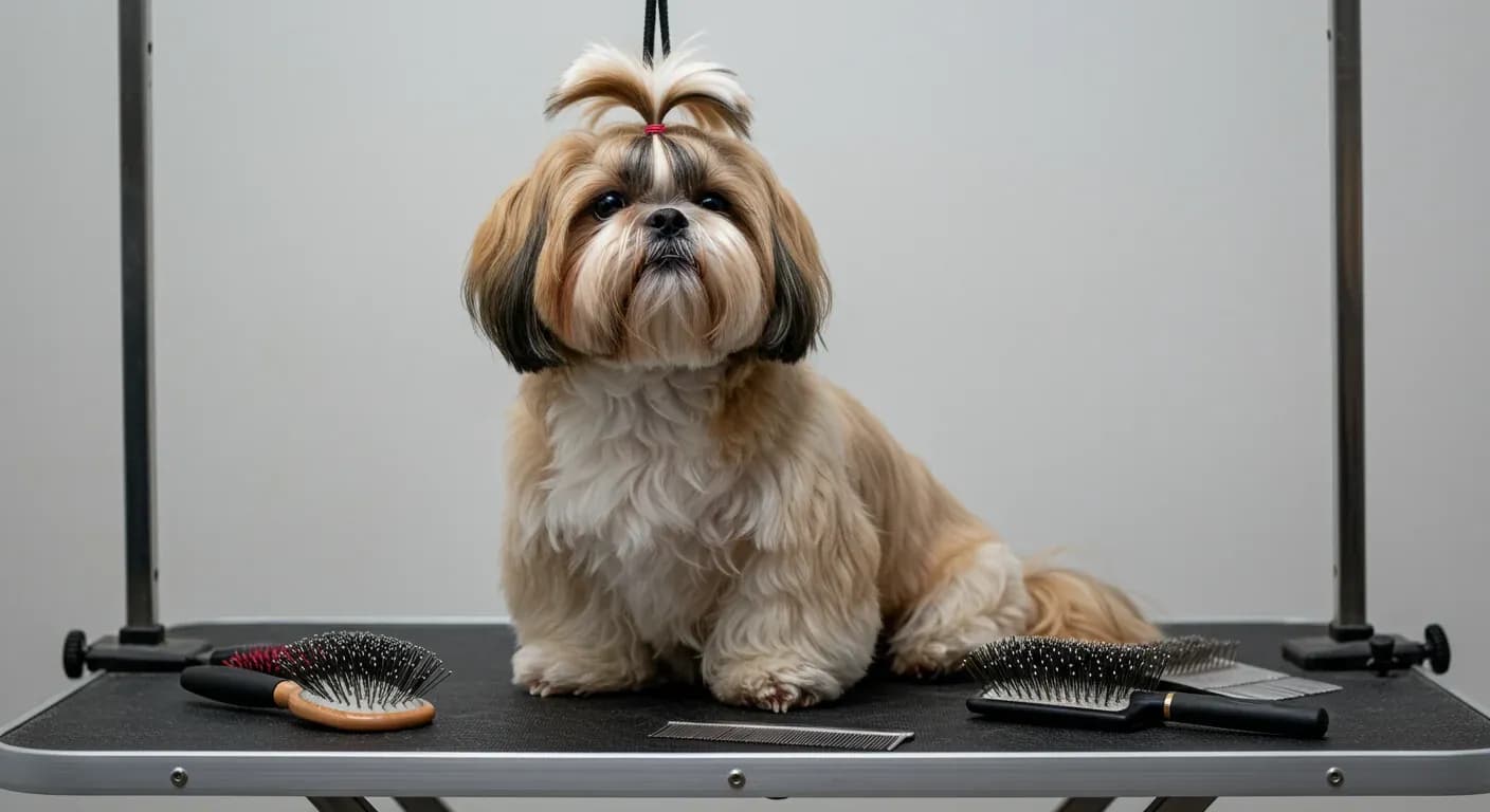 A well-groomed Shih Tzu with flowing coat sits centered on a grooming table surrounded by professional brushes, illustrating the comprehensive grooming tools needed for proper Shih Tzu coat care