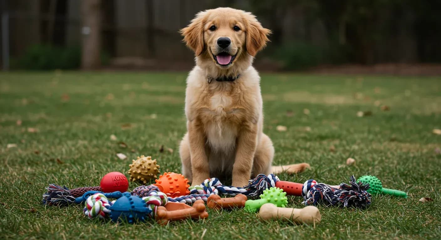 Golden Retriever puppy surrounded by various chew toys including KONG and Nylabone products, demonstrating the variety of appropriate chew toys discussed in the article