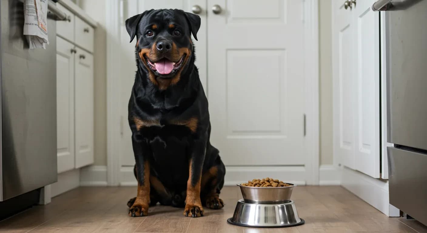 A well-built Rottweiler sitting next to a food bowl filled with kibble, representing proper nutrition for the breed