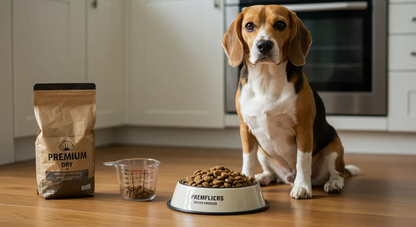 A healthy Beagle sitting next to their food bowl and measuring cup in a modern kitchen, illustrating proper nutrition and portion control for the breed