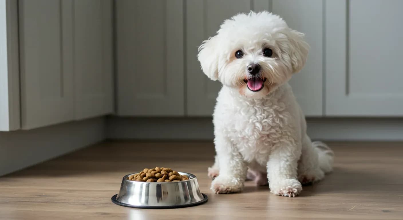 A fluffy white Bichon Frise sitting next to a food bowl in a bright kitchen, representing the importance of proper nutrition for maintaining the breed's signature healthy coat and overall wellbeing