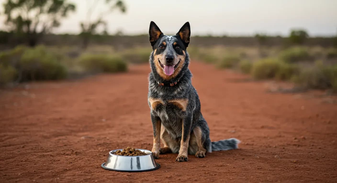 A Blue Heeler dog sitting next to a food bowl with premium dog food, representing the article's focus on breed-specific nutrition for these active working dogs